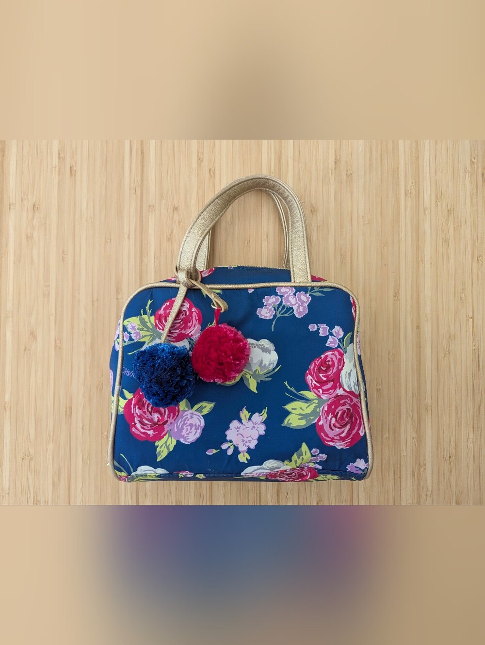 Betsey Johnson Navy Floral Mini Bag with Pink & Blue Pom-Poms dopamine dressing!